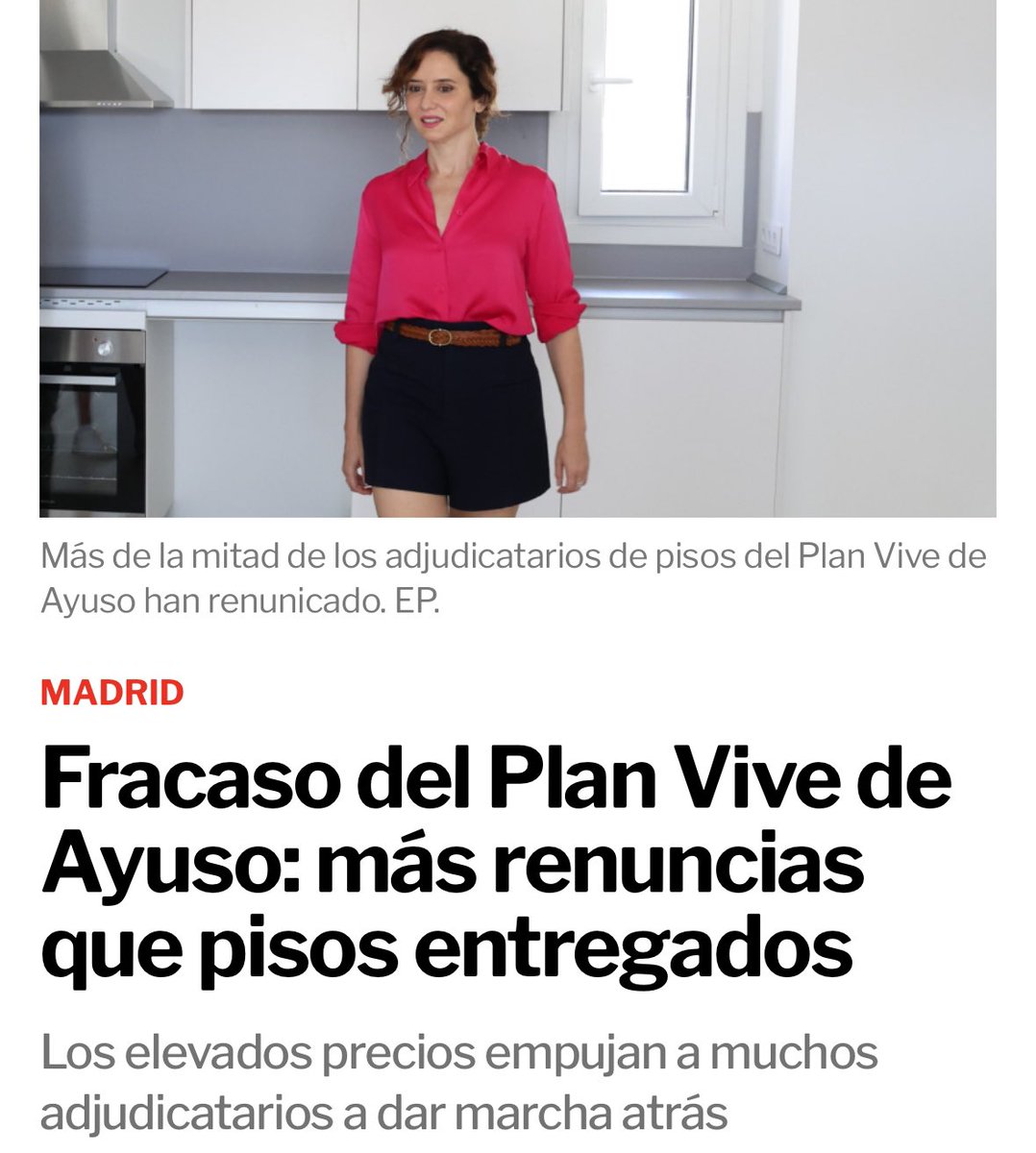 Para afrontar el mayor problema de la gente de Madrid, la vivienda, Ayuso presentó el PLAN VIVE.
Resumen:
Pisos prometidos para 2023, 15.000
Entregados en 2023, cero.
Entregados en 2024, 950
Personas que los han rechazado por su precio o mala calidad: 526
MODELO DE ÉXITO, dicen..