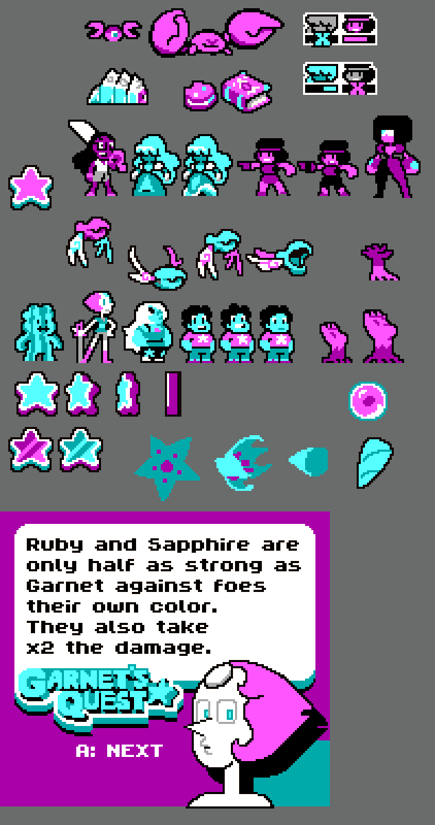 Garnet's Quest 
Steven Universe pixelart fanart 
8 colors (CGA, both intensities), Game Boy resolution