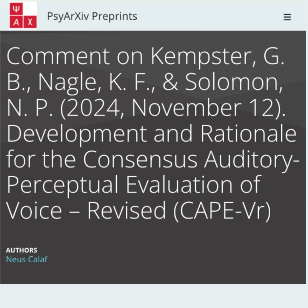 neuscalaf's tweet photo. 🎉 Excited to share my commentary on the recent preprint of the CAPE-Vr by Kempster, Nagle, &amp; Solomon (2024)! 📄✨ 📖 

📖Read my commentary: https://t.co/cMggQMIeJJ

Let’s keep advancing voice assessment together! 🗣️💬

#CAPEV #CAPEVr #voice #SLP #voz #logopedia https://t.co/4A86hT5vcu