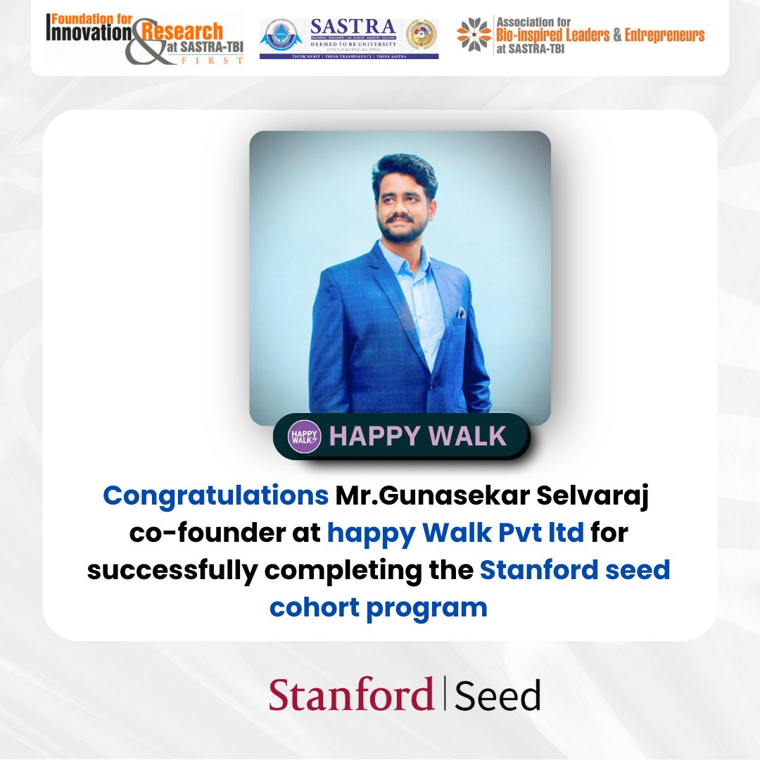 Sastratbi's tweet photo. 🎉 Congratulations to Mr. Gunasekar of Happy Walk Online Retails Pvt Ltd for completing the Stanford Seed Cohort Program! 🌟  
Here’s to continued success, impactful leadership, and new milestones ahead! 🚀 

#StanfordSeed #Leadership #Innovation #firsttbi #sastratbi https://t.co/Vkk6V63yMj