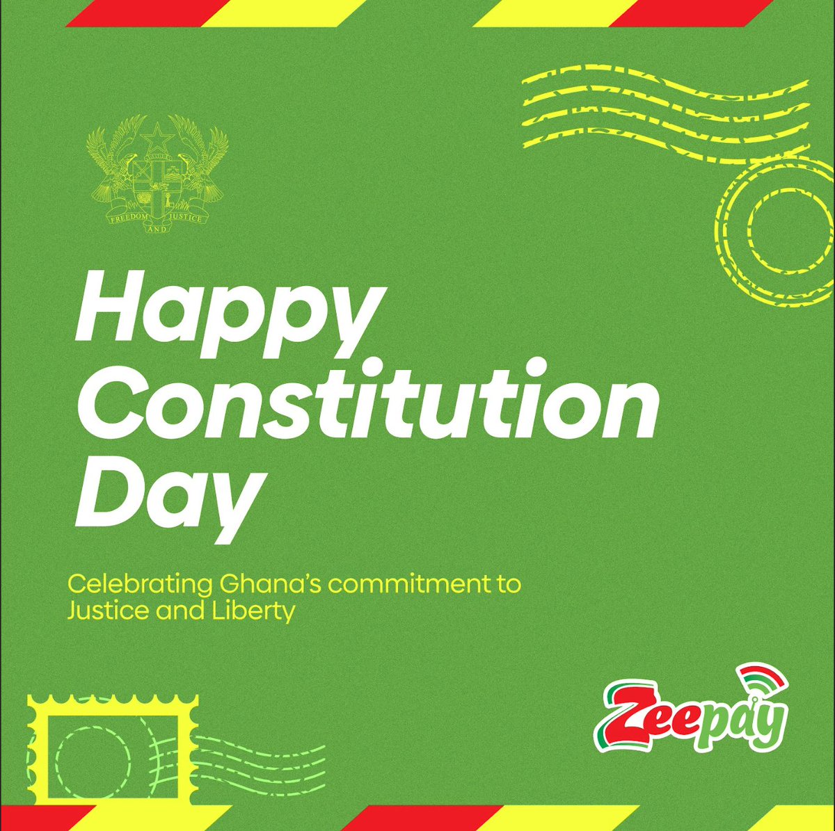 Happy Constitution Day! 🇬🇭 Today, we celebrate 31 years of constitutional democracy, marking Ghana’s unwavering commitment to justice and liberty 


#GhanaConstitutionDay #Ghana #Democracy  #ConstitutionDay2025 #Zeepay”