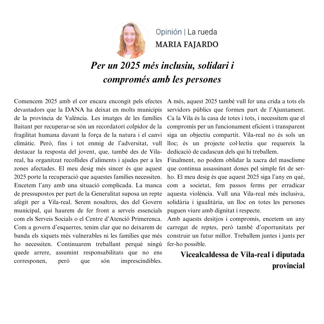 🌟 Comencem 2025 amb reptes i esperança!

💔 La DANA ens recorda la fragilitat, però la solidaritat del jovent ens inspira.
💡 A #Vila_real treballem perquè ningú quede arrere: assumim S. Socials i lluitarem contra la violència masclista.

🧡 Per un any més inclusiu i igualitari!