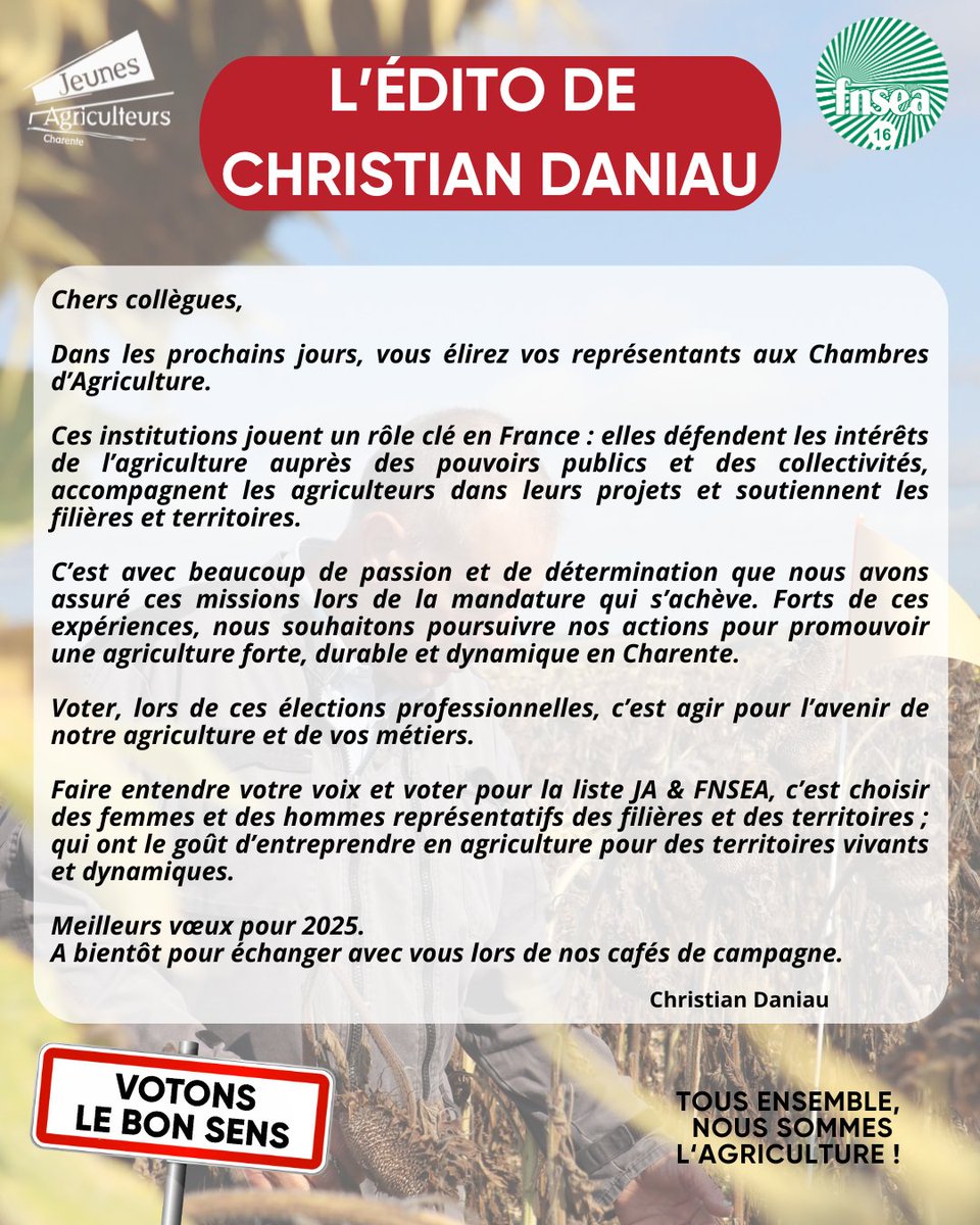 #Campagne2025 | 📢 Élections aux Chambres d'Agriculture : un enjeu crucial pour l'avenir de notre agriculture ! 🌱
Découvrez l'édito de Christian Daniau dans le cadre des élections à la Chambre d'Agriculture de Charente !