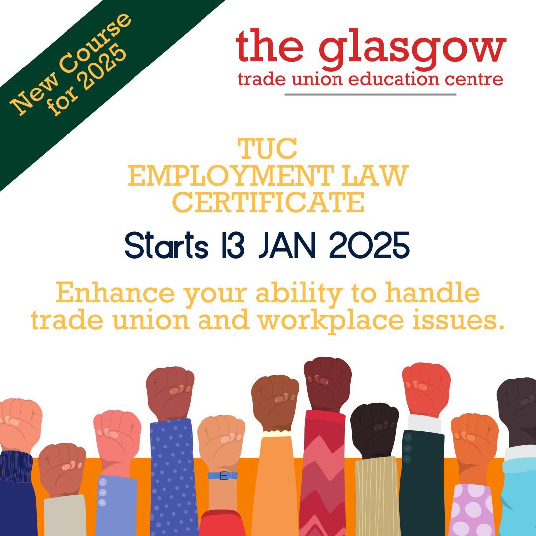 Happy New Year from everyone at the Centre!

New intermediate reps course starts Monday 13th Jan for 10 weeks day release. To secure a place, email TUCEducation@cityofglasgowcollege.ac.uk.

Please RT ✊