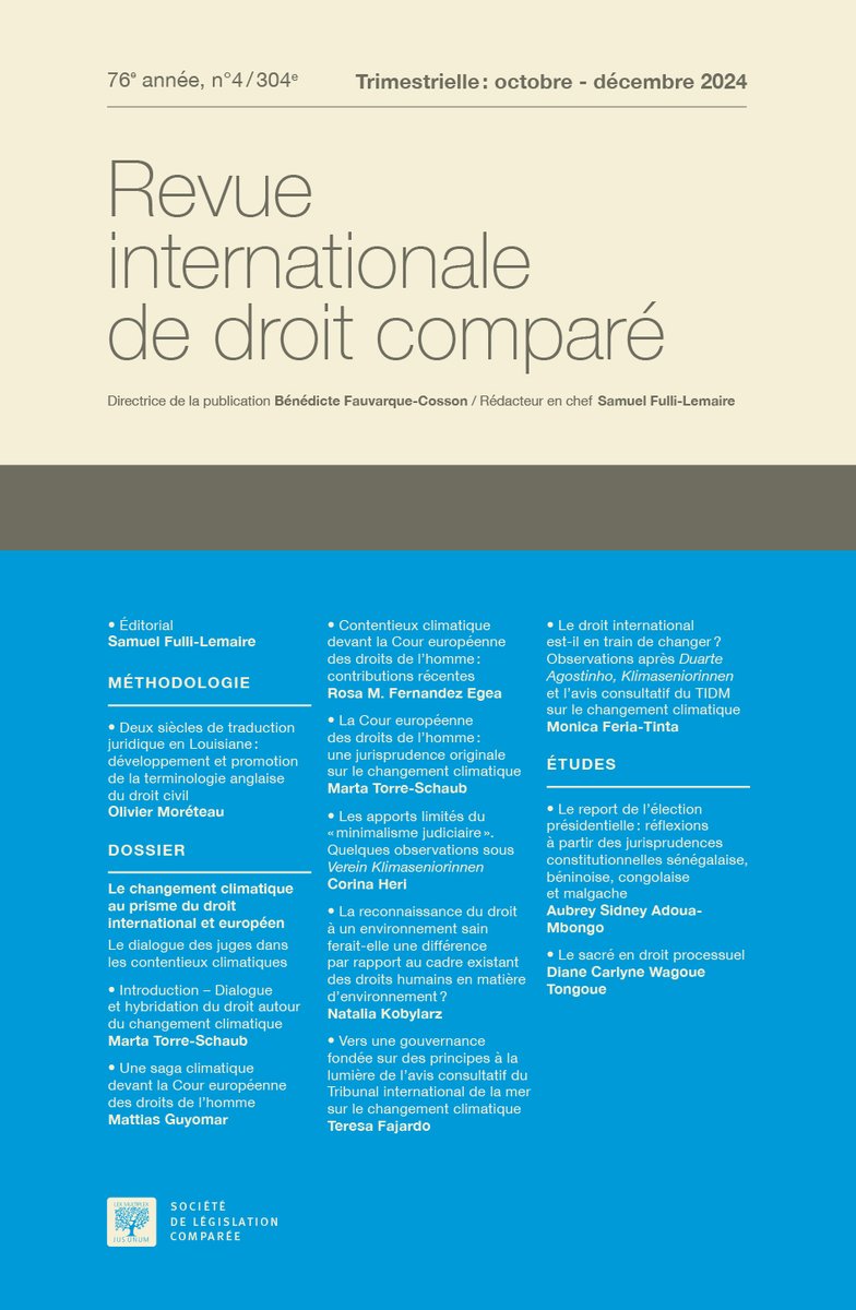 legiscompare's tweet image. Parution du dernier numéro 2024 de la Revue internationale de droit comparé avec un dossier spécial sur Le changement climatique au prisme du droit international et européen sous la direction de Marta Torre-Schaub.

Pour vous abonner 👉 legiscompare.fr/ecommerce/fr/1…

Sommaire 👇