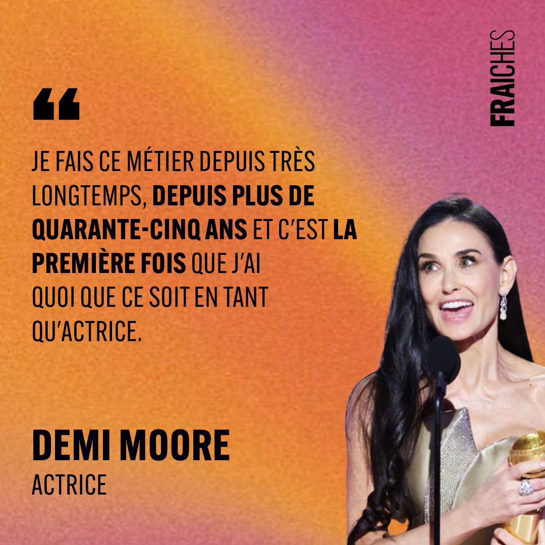 LA CITATION DU JOUR 👇

Demi Moore a remporté dimanche le prix de la meilleure actrice dans une comédie pour sa performance dans le film français The Substance, de Coralie Fargeat. 
Un extrait de son discours inspirant ✨