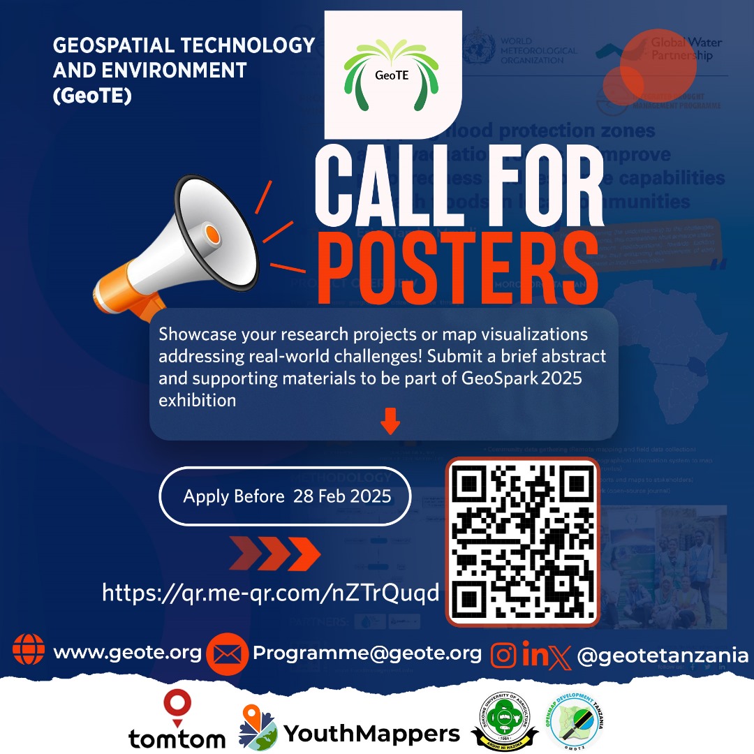 🗣️GeoSPark 2025: Call for Posters! 

Are you a #youthmappers students or Alumni with a completed research project or a compelling map visualization?

 Showcase your work at geospark.geote.org ! Submit a brief abstract + supportive docs and join us in mapping solutions.📭