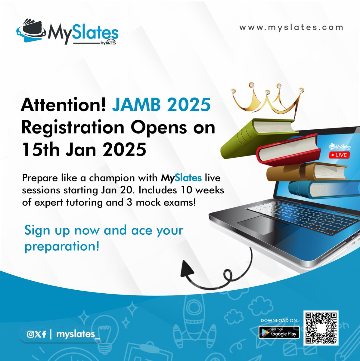 myslates_'s tweet photo. JAMB registration is here! 🎉 Don’t just register—

prepare the right way. Join MySlates for expert tutoring and practice with mock exams. Start your journey today! 

#JAMB2025 #MySlates https://t.co/Bv3BhpvO8F