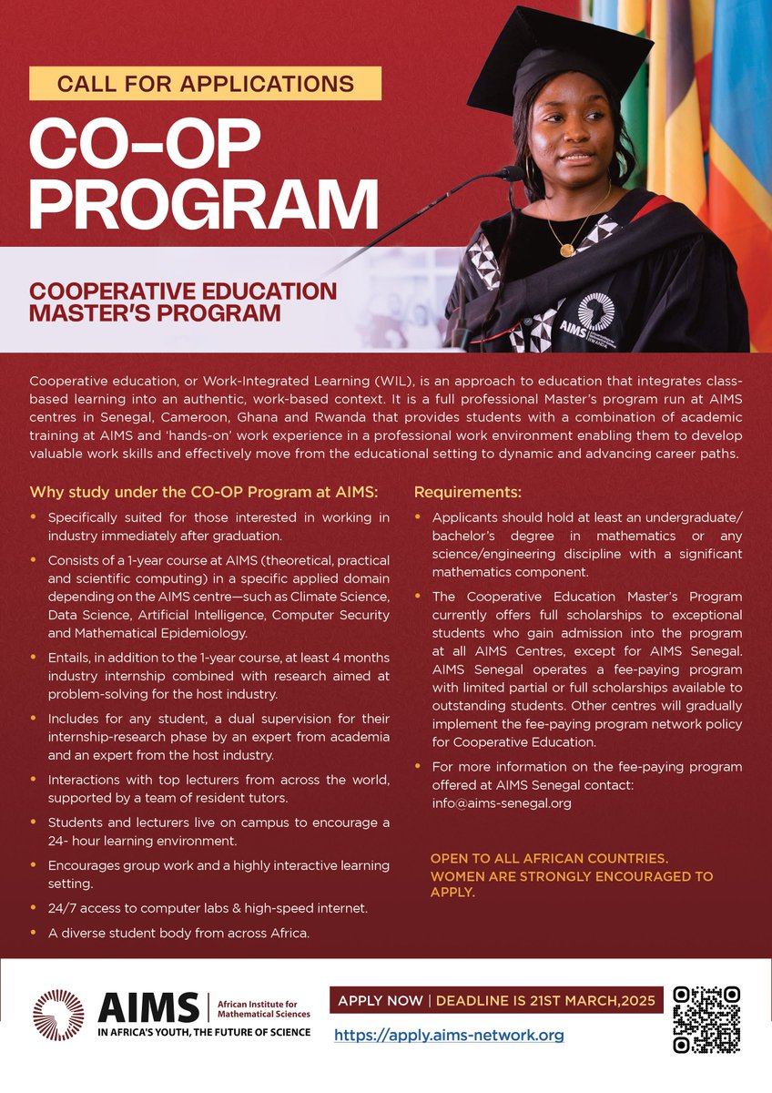 Are you interested in pursuing a Master's in mathematical sciences that offers both academic excellence and real-world industry experience? Look no further than the Cooperative Master’s Program offered by  AIMS (<a href="/AIMS_Next/">African Institute for Mathematical Sciences (AIMS)</a>) ! 

🔗 Apply now: apply.aims-network.org