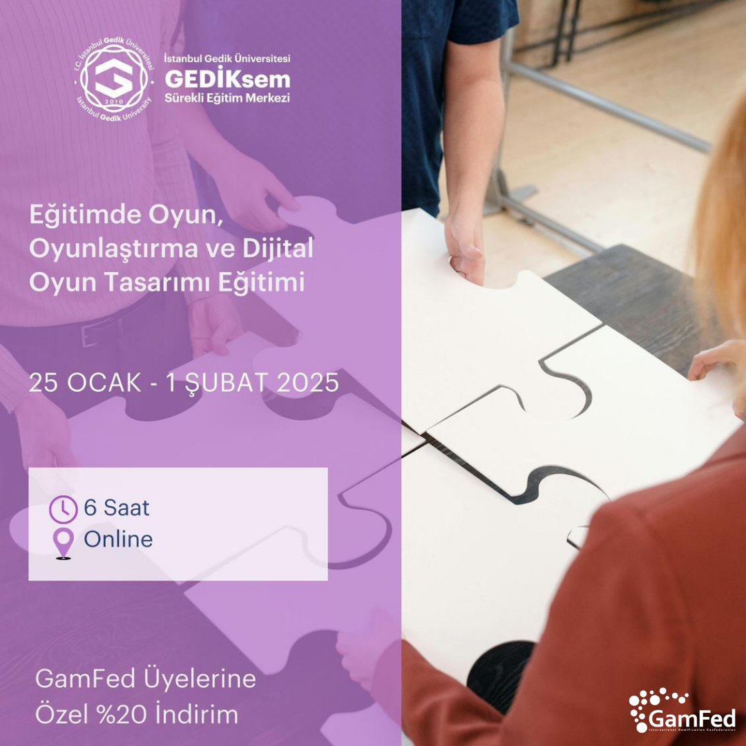 📣 GEDİK SEM'de Eğitimde Oyun, Oyunlaştırma ve Dijital Oyun Tasarımı Eğitimi Başlıyor! 🌟

Kayıt ve Detaylar İçin👇

🔗igunsem.gedik.edu.tr/courses/egitim…
