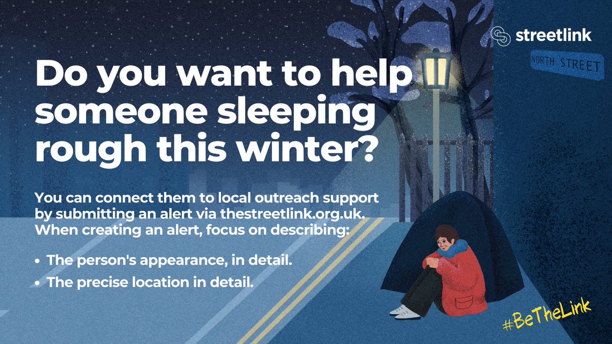 StreetLink (@streetlink_) on Twitter photo If you see someone sleeping rough in this winter, make a <a href="/StreetLink_/">StreetLink</a> alert to connect them to support services.
Your action can save their life.
To make an alert go to: thestreetlink.org.uk
#BeTheLink If you see someone sleeping rough in this winter, make a <a href="/StreetLink_/">StreetLink</a> alert to connect them to support services.
Your action can save their life.
To make an alert go to: thestreetlink.org.uk
#BeTheLink