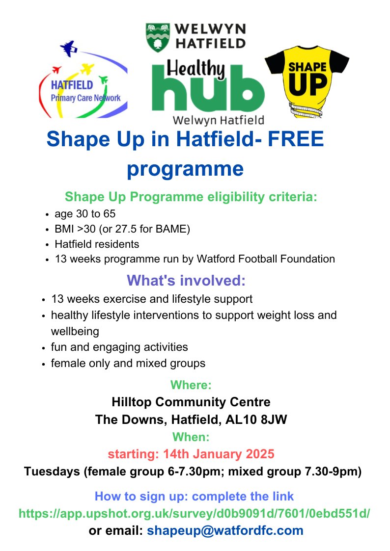 🎶 YOU BETTER SHAPE UP... FOR THE NEW YEAR! 

Join this free 13 week programme to improve your health and fitness at the Hilltop Community Centre in Hatfield 
Female only and mixed sessions available.

#HealthyHerts #FreeFitnessSessions #NewYearNewYou #HealthyHubWelHat