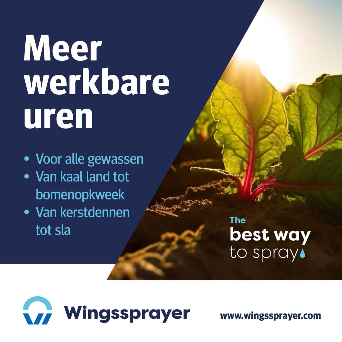 Bedrijven worden snel groter, er moet meer gedaan worden in minder tijd. Met een Wingssprayer spuit u overdag bij zonsopkomst en -ondergang. Zo heeft u meer privétijd over en ook een betere nachtrust.

#driftreductie #spuittechniek #gewasbescherming #innovatie