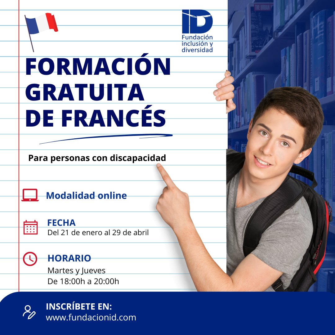 🎯 ¿Propósitos de Año Nuevo? ¡Haz que la formación sea uno de ellos!
🌟 Aprende francés este 2025 con Fundación ID. Si tienes certificado de discapacidad, este curso está diseñado para ti.
🕐 Plazas limitadas
📌 Inscríbete aquí: empleo.fundacionid.com/jobs/curso-fra…