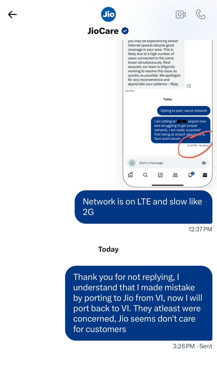ShowkaniDeepak's tweet photo. @JioCare ported to Jio few months back from VI expecting good network and 5G but seems 5G is not real, I was struggling to get proper network at many places, so finally decided to port back to VI. They even don't bother to reply, what care they can do for consumer?? https://t.co/Z5pnpB3QeT