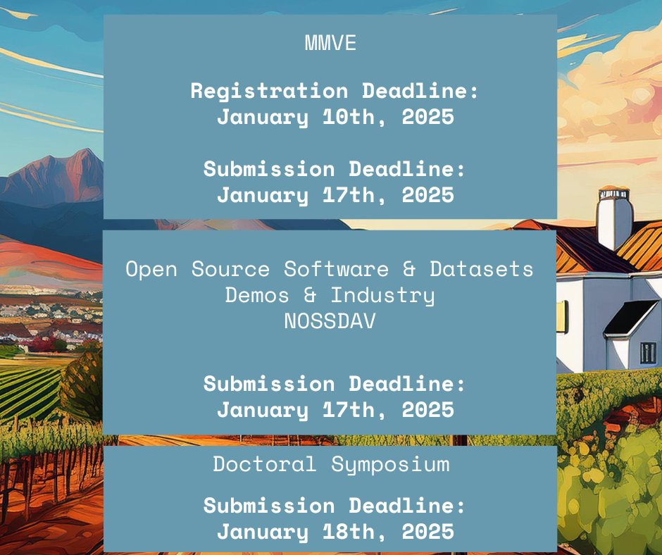 🔴 Deadlines approaching!

🔎 If you are considering to submit a paper to MMVE, NOSSDAV, Open Source Software &amp; Datasets, Demos &amp; Industry tracks, and the Doctoral Symposium, don't forget the deadlines listed below!

More information available at: 2025.acmmmsys.org