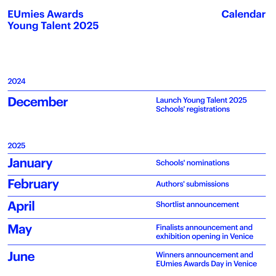 #CALENDAR | 🔵 EUmies Awards #YoungTalent2025

🗓️ Mark your calendar for all EUmies Awards #YoungTalent2025 dates!

For more info and full rules visit 🔗 eumiesawards.com/young_talent/y…

<a href="/EU_Commission/">European Commission</a> <a href="/FundacioMies/">Fundació Mies van der Rohe</a> <a href="/europe_creative/">Creative Europe</a>  #EUmiesAwards