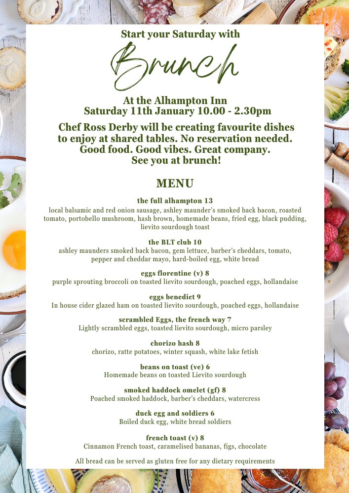 This Friday at The Ally with GO GREEK! and their amazing souvlaki, Greek salad &amp; more. 5-8pm. 
On Saturday we have BRUNCH! Treat yourself 10-2.30
Ross Derby has great dishes to spoil you with, menu below. Don’t miss!
#Bruton #Wincanton
#Shepton #Evercreech
#CastleCary