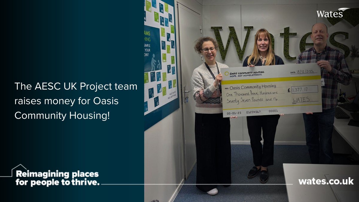 <a href="/oasiscomhousing/">Oasis Community Housing</a> joined the Wates Winter Start Right Event at #AESC UK in Sunderland to highlight their vital work supporting those facing homelessness.

Thanks to a raffle, the charity <a href="/wfet_uk/">Wates Family Enterprise Trust</a> matched the amount, raising £1,377 to bring "Hope, Not Homeless" to many.
