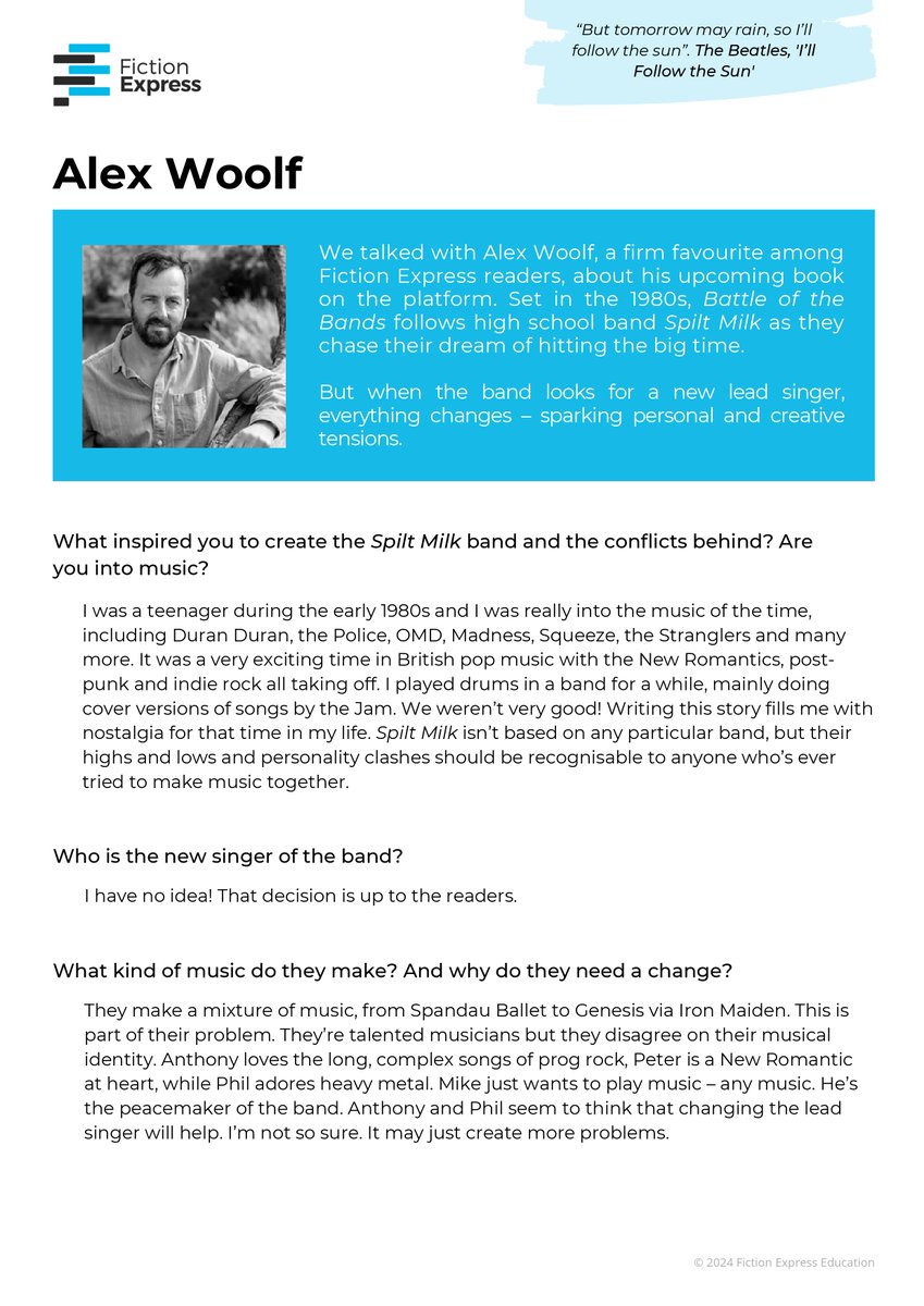 fictionexpress's tweet photo. 📚 "Battle of the Bands" will be the 24th @RealAlexWoolf cocreated book on #FictionExpress.
👇 In this interview, the author explains us his inspiration and a little about the plot!
💬 “But tomorrow may rain, so I’ll follow the sun”. The Beatles, 'I’ll Follow the Sun'. https://t.co/I1Jaqx2QdN