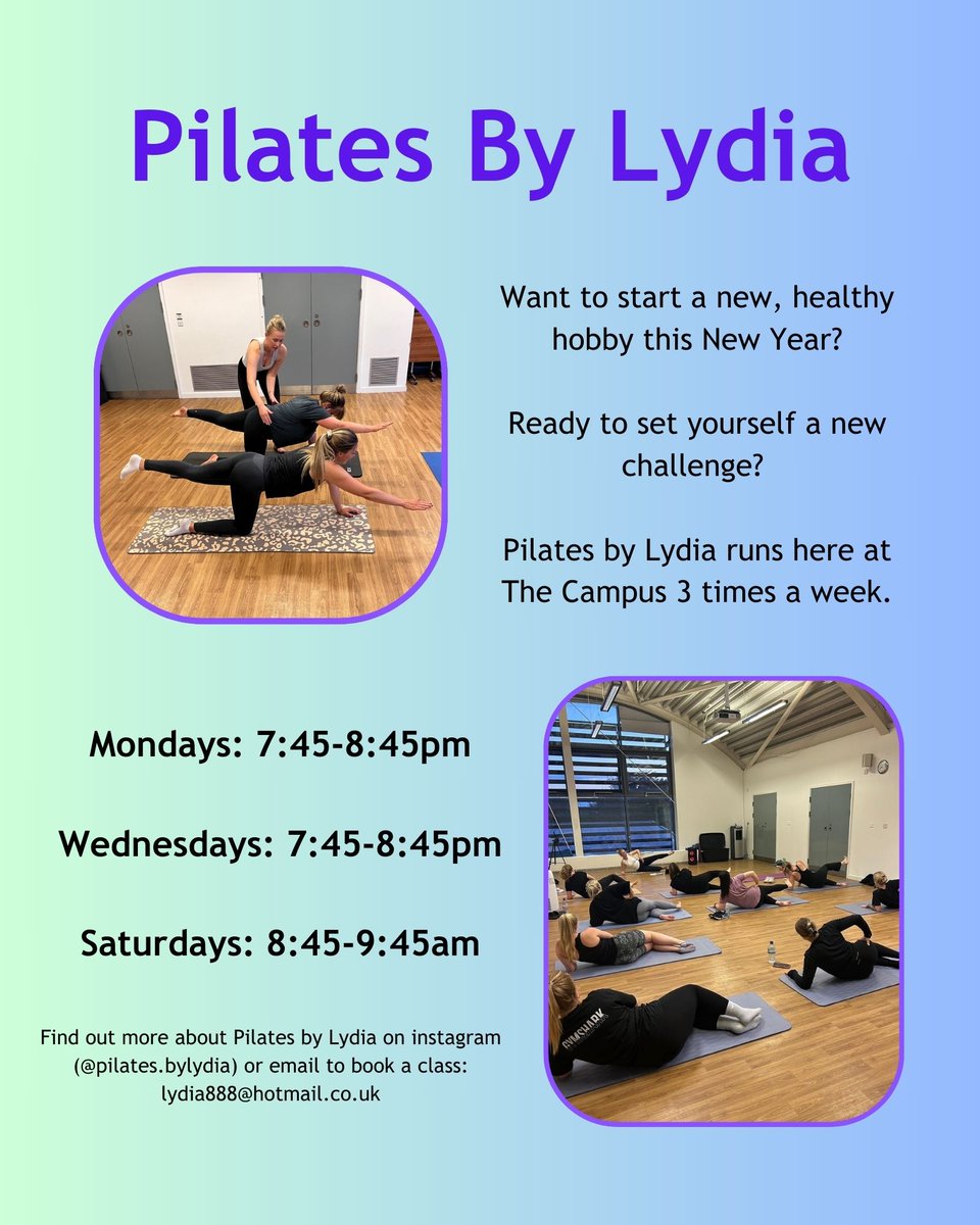 Are you starting the New Year with a healthier lifestyle? Why not try "Pilates by Lydia" at The Campus who runs 3 classes a week?
Pilates can help increase core strength, improve posture, and prevent injuries, among other benefits.