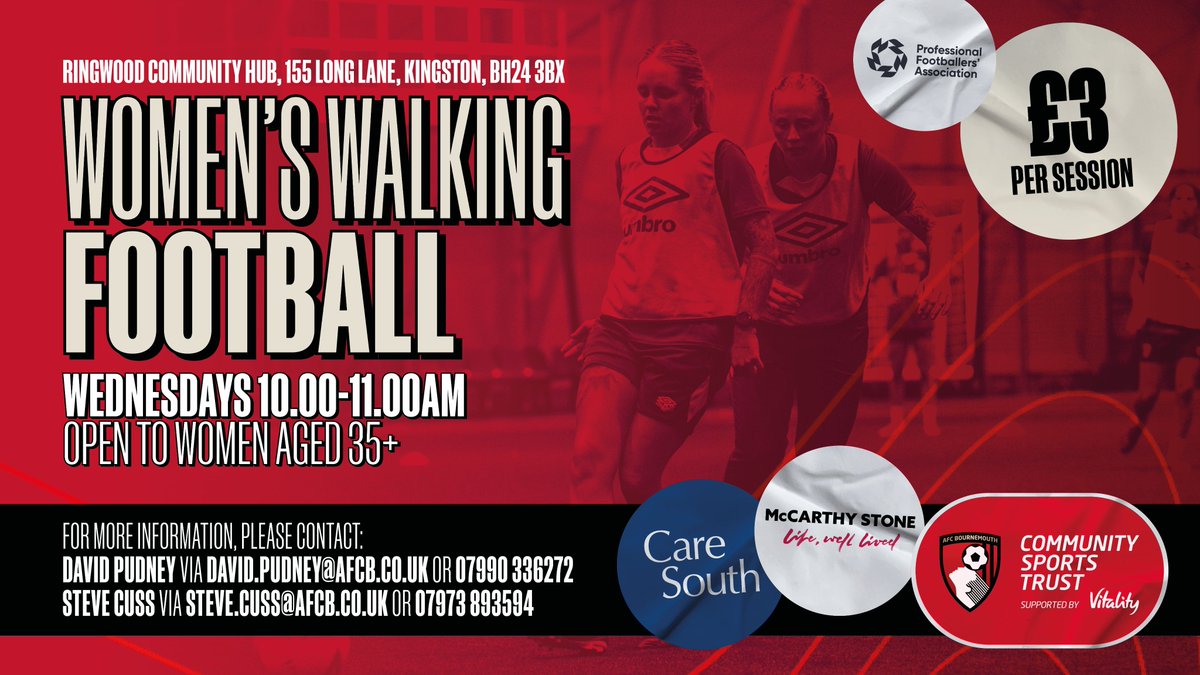 AFCBCommunity's tweet image. Women&apos;s Walking Football ⚽️

Sessions return to @RingwoodHub this morning 

📧 david.pudney@afcb.co.uk for more information 

@CareSouthUK #McCarthyStone @PLCommunities
