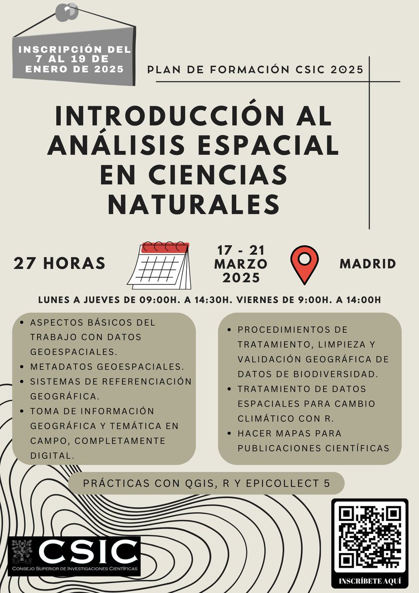 🟠ABIERTA YA la nueva convocatoria de cursos para personal del CSIC. Si te interesa aprender sobre análisis espacial en ciencias naturales 🌍 INSCRÍBETE HASTA EL 19 de enero en nuestro curso presencial! Se agradece la difusión 🙌 <a href="/mncn_csic/">Museo Nacional de Ciencias Naturales</a> <a href="/CSIC/">CSIC</a>
