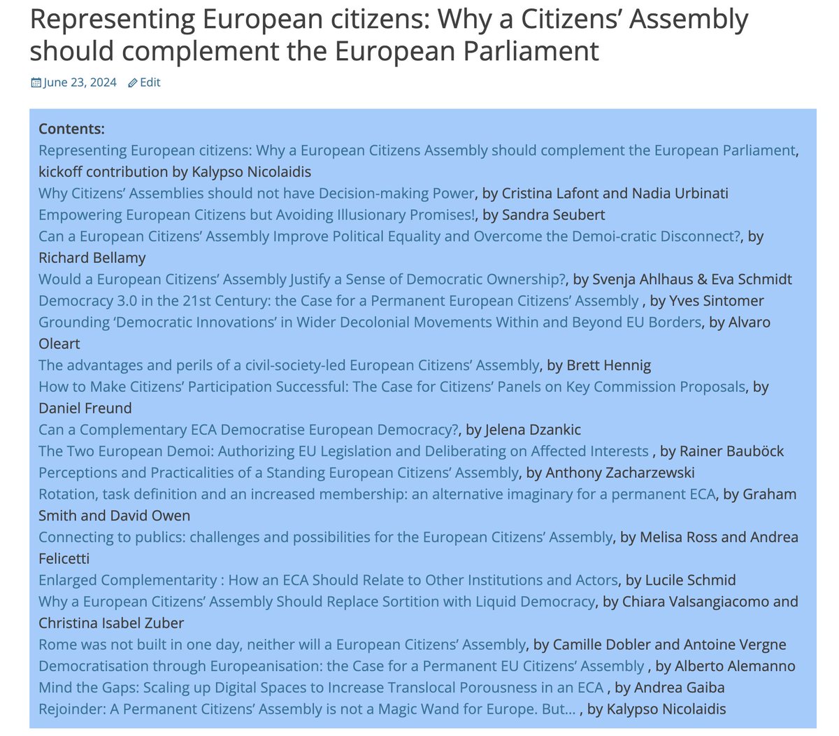 GlobalCIT (@globalcit_eui) on Twitter photo ๐ <a href="/KalypsoNicolaid/">Kalypso Nicolaidis</a> concludes the ECA Forum Debate with her rejoinder ๐ฌโจ
23 voices ๐ฃ๏ธ 1 questionโ: Should a Citizens' Assembly complement the European Parliament?๐๏ธ The debate ends, but the journey begins ๐
Read her response to all 18 entries ๐
๐ shorturl.at/SmvJr ๐ <a href="/KalypsoNicolaid/">Kalypso Nicolaidis</a> concludes the ECA Forum Debate with her rejoinder ๐ฌโจ
23 voices ๐ฃ๏ธ 1 questionโ: Should a Citizens' Assembly complement the European Parliament?๐๏ธ The debate ends, but the journey begins ๐
Read her response to all 18 entries ๐
๐ shorturl.at/SmvJr