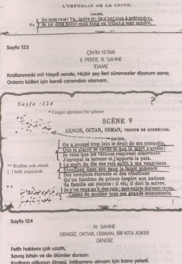 Mustafa Kemal Atatürk’ün, Voltaire’i okurken sayfa kenarına düştüğü not: 

"Kralları yok etmek istiyo(rum), halk yaşayacak."

"قرالری یوق ایتمک ایستیو خلق یشا یه جق"