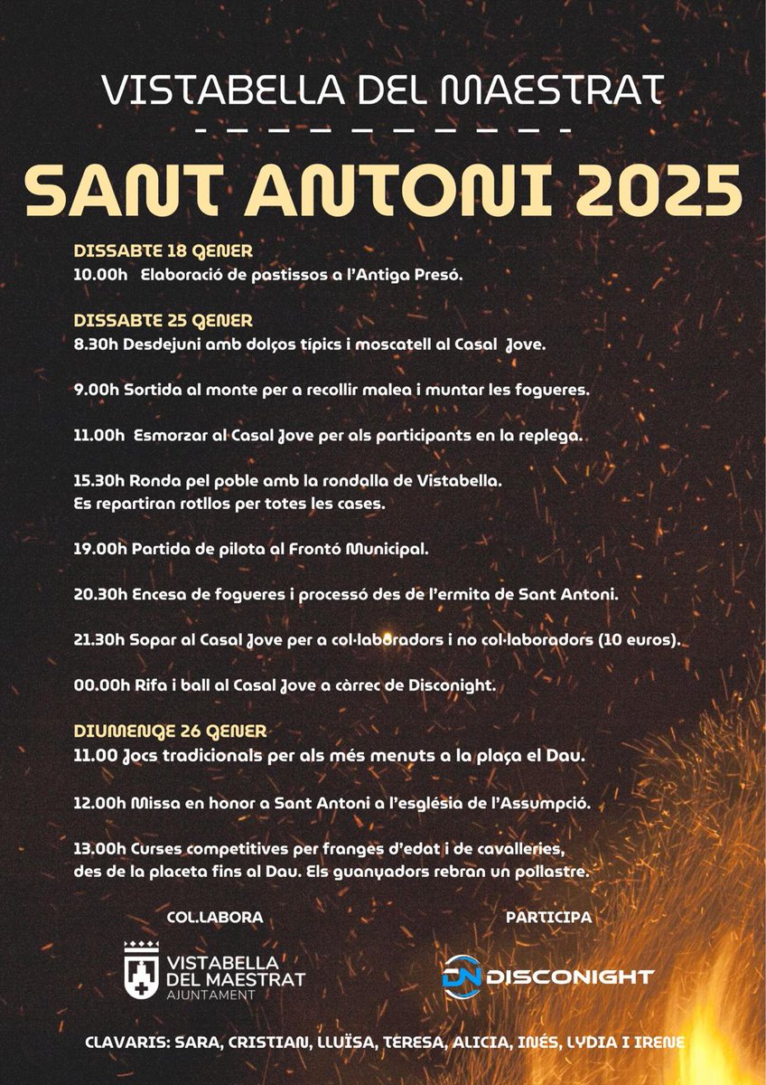 🔥🔥 El foc i la tradició es donen cita en Vistabella amb la festa de Sant Antoni!

👉 Tots els actes preparats per al Sant Antoni 2025 han sigut organitzats pels Clavaris de Sant Antoni 2025

📍 La festa arrancarà el 18 de gener i continuarà el 25 i 26 

📲 Tota la informació ⏬