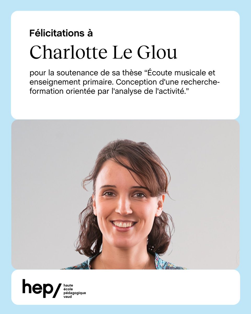 HEP Vaud (@hepvaud) on Twitter photo Bravo à Charlotte Le Glou, chargée d’enseignement à la HEP Vaud, pour sa #thèse soutenue à <a href="/univ_lyon2/">Université Lumière Lyon 2</a>! 🎓👏Elle explore l’écoute musicale en #classe avec un dispositif mêlant #pédagogie et #recherche, pour mieux outiller les #enseignants. 👂🎶 shor.by/Gdre Bravo à Charlotte Le Glou, chargée d’enseignement à la HEP Vaud, pour sa #thèse soutenue à <a href="/univ_lyon2/">Université Lumière Lyon 2</a>! 🎓👏Elle explore l’écoute musicale en #classe avec un dispositif mêlant #pédagogie et #recherche, pour mieux outiller les #enseignants. 👂🎶 shor.by/Gdre