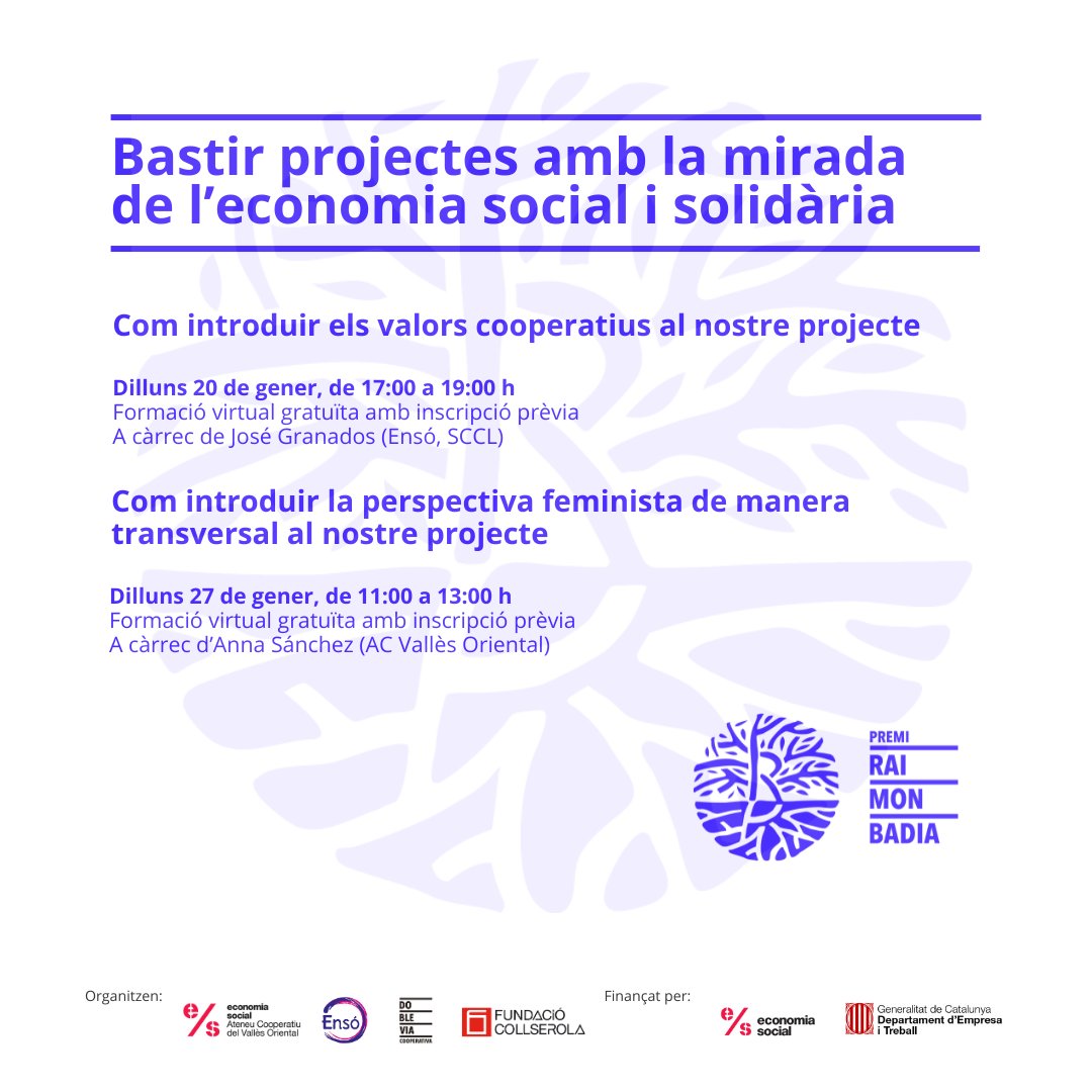 ateneucoopvor's tweet photo. 📢 Apunta't a les 2 sessions sobre com introduir valors cooperatius i la perspectiva feminista al teu projecte.

📅 Dilluns 20 i 27 de gener
🕔 De 17 a 19h i d'11 a 13h, respectivament
✍ Inscriu-te a: https://t.co/GsBv41CJCN

Formacions en col·laboració amb el #PremiRaimonBadia https://t.co/r1gEBxWFBK
