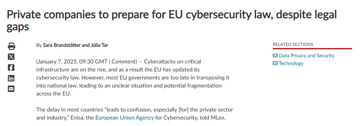 JH_Tar's tweet image. As of the transposition deadline of Oct. 17, 2024, 23 EU governments had failed to implement the #NIS2.

@SBrandstaetter_ and I looked into what private companies can do in the meantime and where member states stand.

@mlexclusive 

mlex.com/mlex/data-priv…
