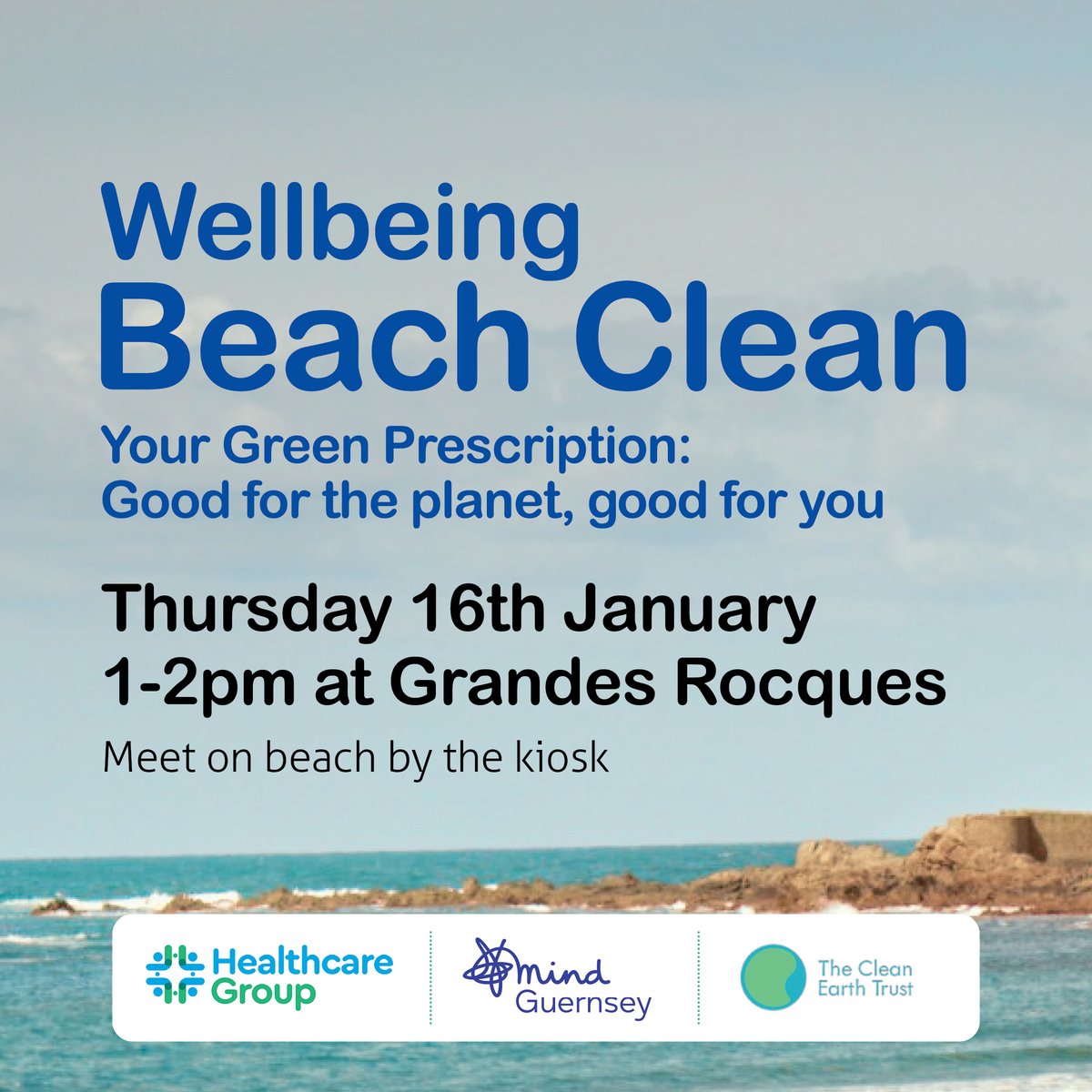 It's time for our next Wellbeing Beach Clean! Join us and our friends from the Healthcare Group and <a href="/CleanEarthTrust/">The Clean Earth Trust</a> on Thursday 16th January, 1-2pm at Grandes Rocques. Meet on the beach by the Kiosk. Please dress for the weather!For more info, visit guernseymind.org.gg