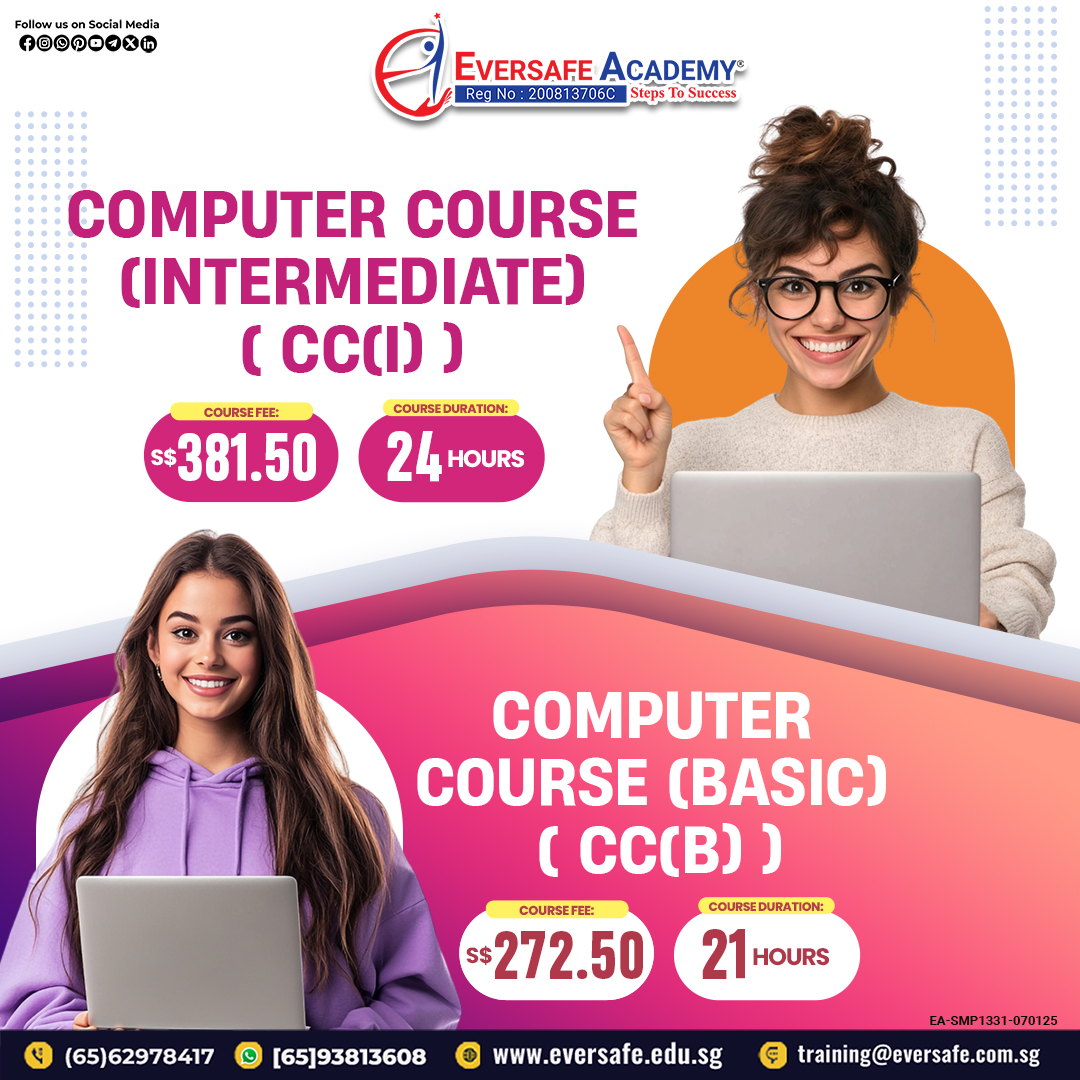 EversafeAcademy's tweet image. 𝐂𝐨𝐦𝐩𝐮𝐭𝐞𝐫 𝐂𝐨𝐮𝐫𝐬𝐞(𝐁𝐚𝐬𝐢𝐜) – ( 𝐂𝐂(𝐁) ) | 𝐂𝐨𝐦𝐩𝐮𝐭𝐞𝐫 𝐂𝐨𝐮𝐫𝐬𝐞 (𝐈𝐧𝐭𝐞𝐫𝐦𝐞𝐝𝐢𝐚𝐭𝐞) – ( 𝐂𝐂(𝐈) )
✅ WhatsApp: 📱 bit.ly/3JKmp0J
✅ Call: 📞 +6562978417
✅ Website: 🌐 eversafe.edu.sg
#ComputerTraining #LearnComputers #TechSkills