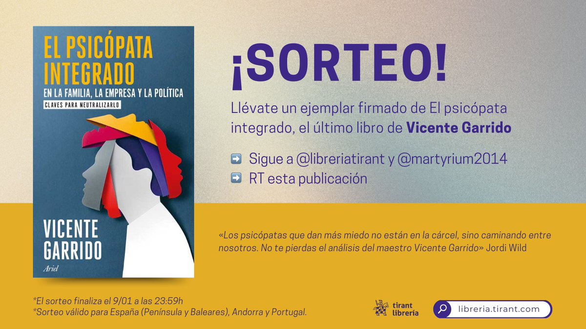 ¿Los Reyes no te han traído tu libro favorito? No te preocupes, ¡tenemos un regalo para ti! 🎁

¡Llévate un ejemplar firmado de El psicópata integrado de Vicente Garrido!

➡️ Sigue a @libreriatirant y <a href="/martyrium2014/">Vicente Garrido</a>
➡️ RT esta publicación

¡Mucha suerte! 🤞
