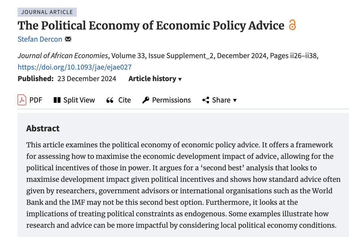 A new paper, just to provoke - on the political economy of economic policy advice - just out in Journal of African Economies. tinyurl.com/2sx7tda3