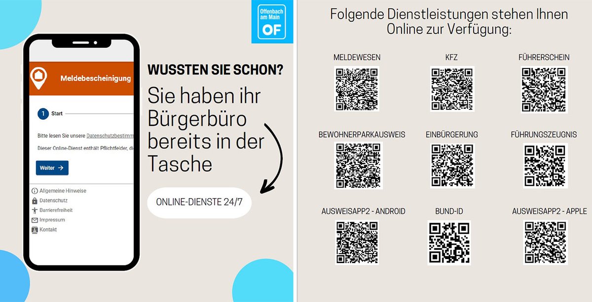 Bürger*innen nutzen zunehmend die Online-Angebote des Bürgerbüros in #Offenbach. Zum Beispiel aus den Bereichen Melde- und Passwesen, Kfz-Zulassung und Bewohnerparken. Dienstleistungen online abzuwickeln, spart Zeit und ist zum Teil kostengünstiger.
offenbach.de/buerger_innen/…
