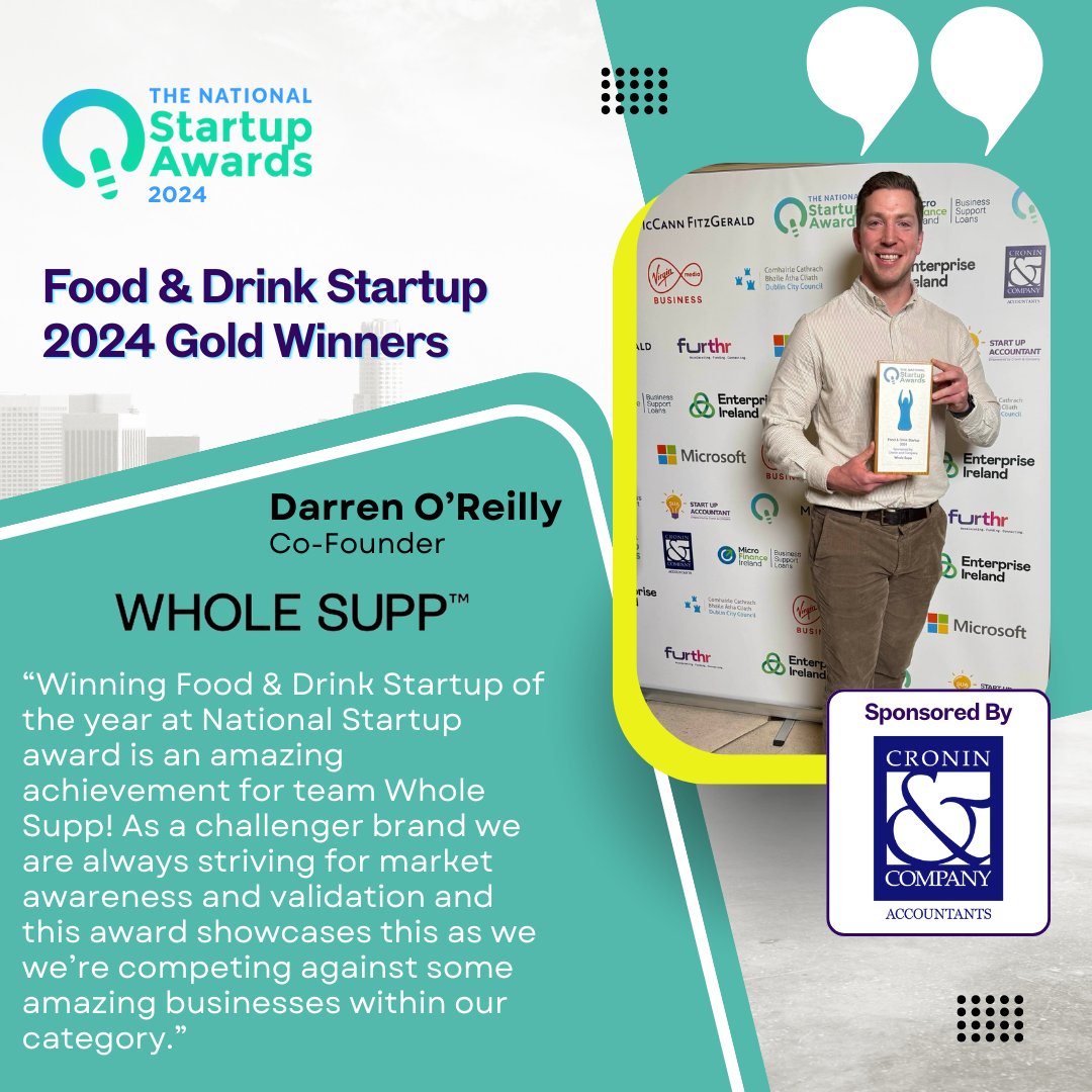 Startups Ireland (@startupsireland) on Twitter photo Darren OโReilly Co-Founder <a href="/WholeSupp/">Whole Supp - Smart Food๐ฅฆ๐ฑ๐ฅฅ</a> expressed immense gratitude and pride after winning Food & Drink Startup 2024 Gold award sponsored by <a href="/Cronin_Co/">Cronin Accountants</a>
#yourstartupjourney #Startups #SUA2024 #NSA2024 #nationalstartupawards2024 Darren OโReilly Co-Founder <a href="/WholeSupp/">Whole Supp - Smart Food๐ฅฆ๐ฑ๐ฅฅ</a> expressed immense gratitude and pride after winning Food & Drink Startup 2024 Gold award sponsored by <a href="/Cronin_Co/">Cronin Accountants</a>
#yourstartupjourney #Startups #SUA2024 #NSA2024 #nationalstartupawards2024