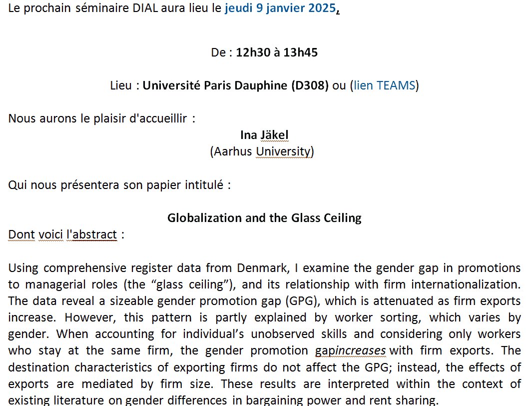 DIAL (@dialdevelopment) on Twitter photo Séminaire DIAL jeudi 9 janvier de 12h30 à 13h45 <a href="/Paris_Dauphine/">Université Paris Dauphine - PSL</a>.
Ina Jäkel (<a href="/AarhusUni_int/">Aarhus University</a>) présentera son papier "#Globalization and the Glass Ceiling". Séminaire DIAL jeudi 9 janvier de 12h30 à 13h45 <a href="/Paris_Dauphine/">Université Paris Dauphine - PSL</a>.
Ina Jäkel (<a href="/AarhusUni_int/">Aarhus University</a>) présentera son papier "#Globalization and the Glass Ceiling".