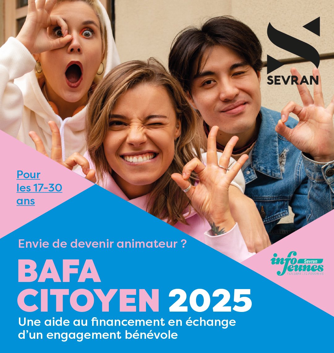 🎯 BAFA CITOYEN 2025 : Envie de devenir animateur ?

Le PIJ de Sevran propose une action « BAFA Citoyen » en direction des jeunes du territoire âgés de 17 à 30 ans. 

👉 Plus d’infos :  ville-sevran.fr/actualites/baf…