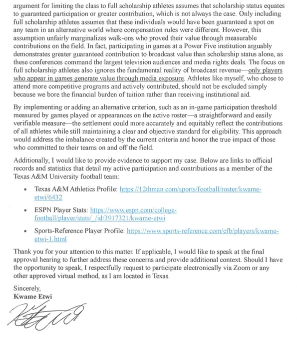 Page 2 of Kwame Etwi's letter to Judge Claudia Wilken objecting to the House settlement.