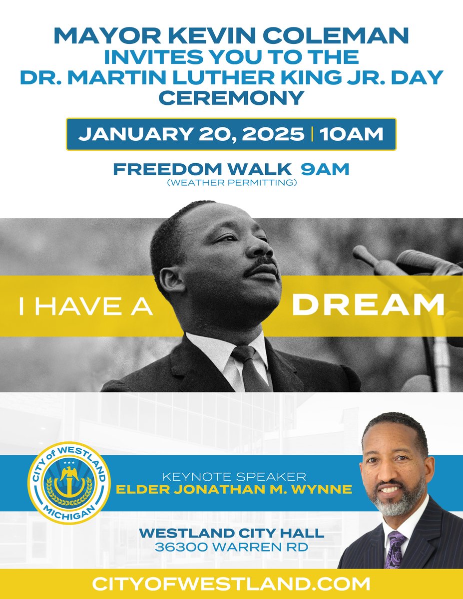 Our Dr. Martin Luther King Jr. Day Ceremony is January 20. There will be a Freedom Walk (weather permitting) at 9AM followed by the ceremony at 10AM. This event is being held at City Hall, 36300 Warren Rd.