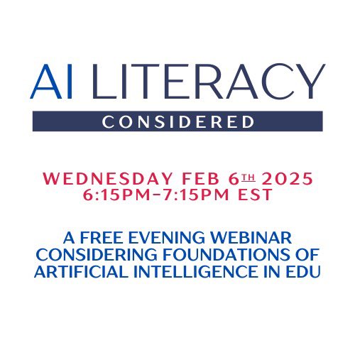 ✨FREE WEBINAR✨
AI Literacy Considered
Wednesday February 6
6:15-7:15pm EST

CLICK HERE TO JOIN: 
thekulowiecgroup.com/store/p/ai-lit…

During the webinar, we will look at the following facets to demystifying artificial intelligence in education:
*Understanding AI
*Analyzing AI Output
*A