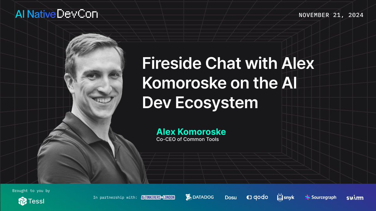 tessl_io's tweet image. 🤔 How do we navigate the rapidly evolving AI landscape? @komorama shared his thoughts in a fireside chat with @dalmaer on the current state and future of AI development. Check out the key takeaways! #AINativeDev tessl.co/4fV0rX5