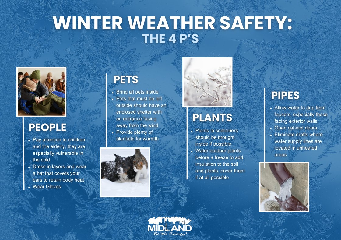 Temperatures are dropping, Midland! 🥶❄️
Cold weather is settling in for the week, so it’s time to start preparing. From protecting your home to keeping your pets safe, check out the graphic below for tips to stay warm and ready!

#cityofmidlandtx #coldweatherprep #AlertMidland