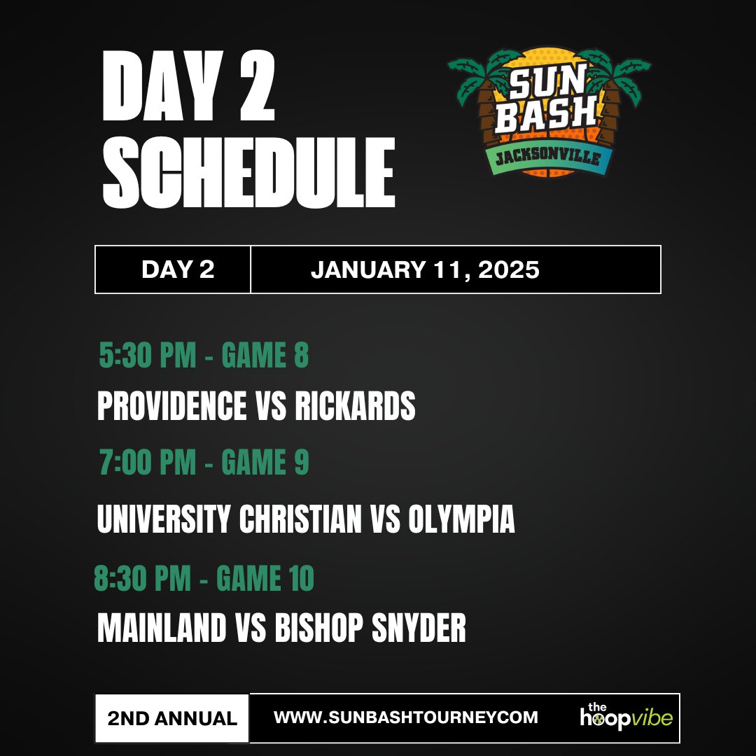 thehoopvibe's tweet photo. Stop No. 4
@sunbashtourney Jacksonville (Year 2)
Jan. 10-11 - Bishop Snyder High School (Jacksonville, Florida)
Schedule below 👇
https://t.co/Wkd7soJ2hA
#SunBash https://t.co/eXjzv6l9fQ