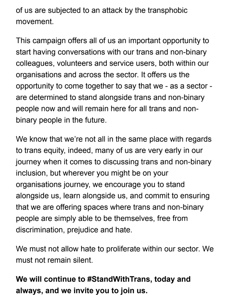 MForstater's tweet photo. One of the things that Chris Sherwood, new CEO of the NSPCC did was sign the now defunct #StandWithTrans pledge.
An *absolute* commitment to supporting the "rights" of trans, non-binary and gender diverse communities and against "attacks on charities that support trans inclusion" (i.e. scrutiny of Mermaids & Stonewall).