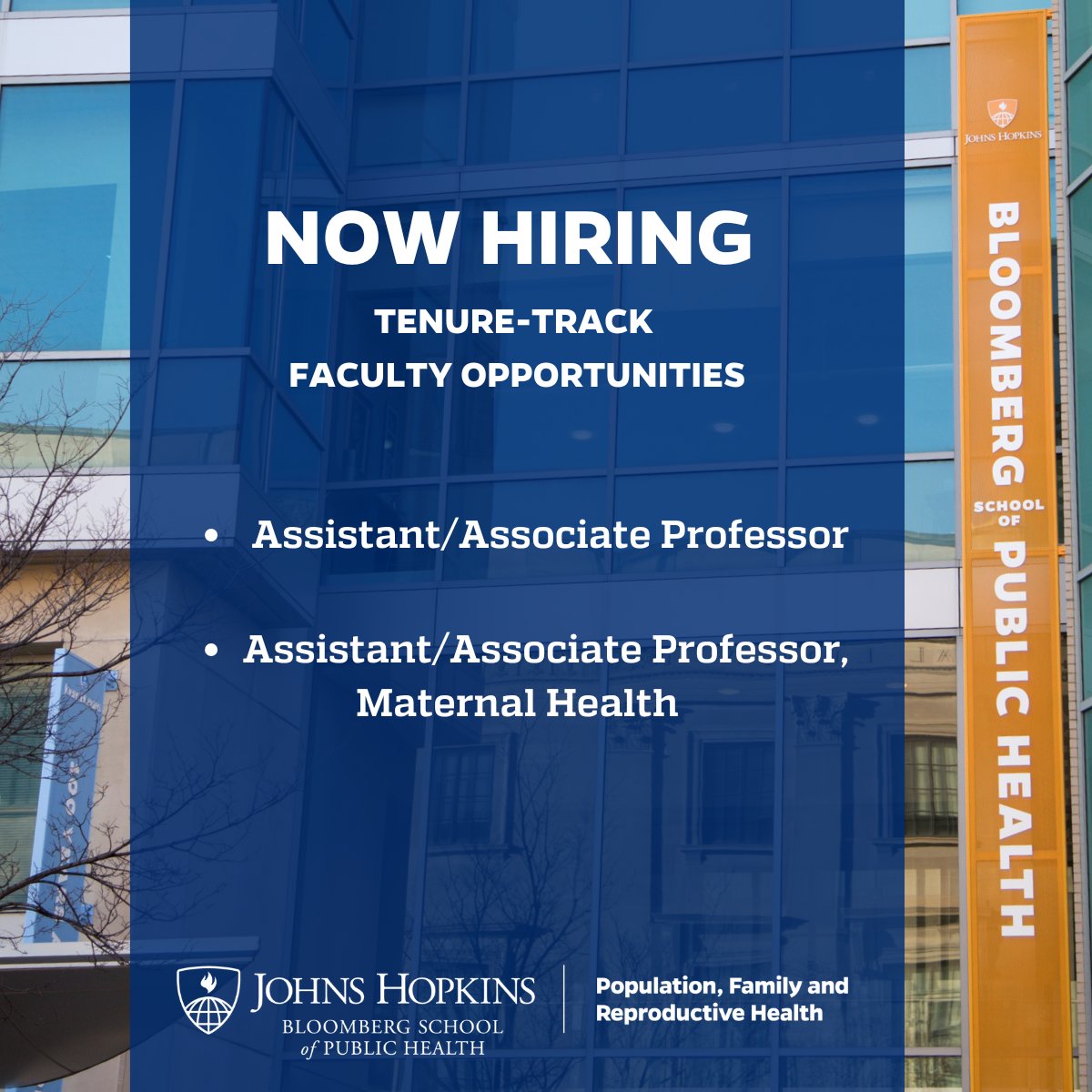 Johns Hopkins BSPH PFRH (@hopkinspfrh) on Twitter photo The <a href="/JohnsHopkinsSPH/">Johns Hopkins Bloomberg School of Public Health</a> Department of Population, Family and Reproductive Health has announced two new tenure-track faculty position opportunities: The <a href="/JohnsHopkinsSPH/">Johns Hopkins Bloomberg School of Public Health</a> Department of Population, Family and Reproductive Health has announced two new tenure-track faculty position opportunities: