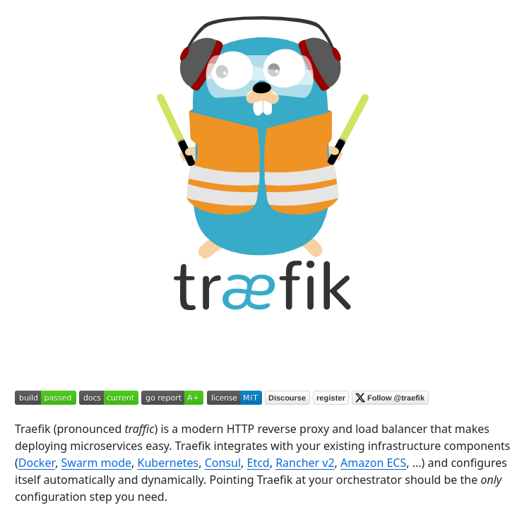 Traefik: An open-source reverse proxy and load balancer that dynamically configures routing, supports multiple backends and protocols, and integrates with various orchestrators and service discovery mechanisms
